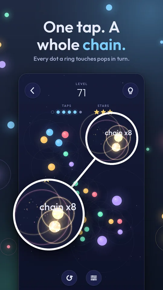One tap. A whole chain. Every dot a ring touches pops in turn.
